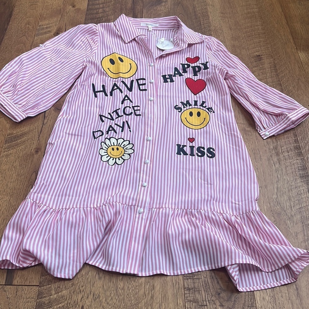 Pastels Clothing Pink Striped Button-Front Smiley Graphic Dress